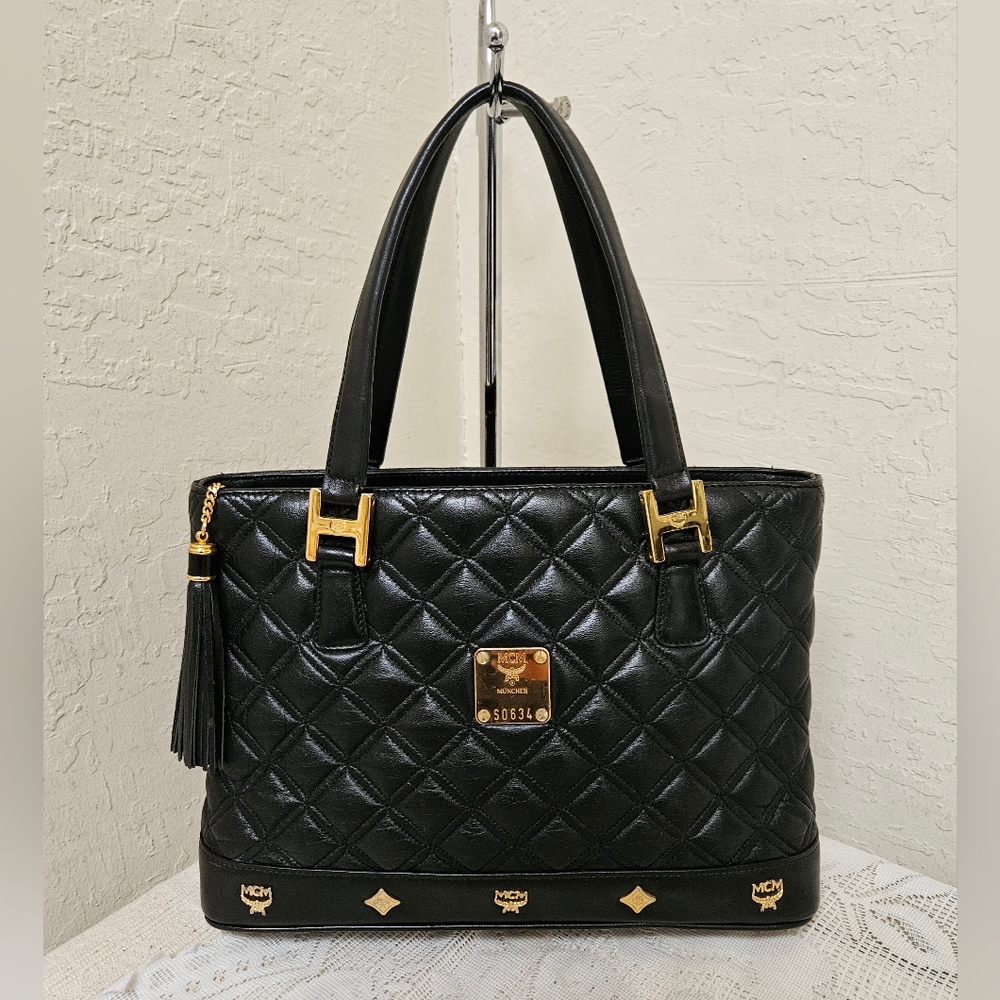 MCM Black Leather Vintage Handbag Satchel AUTHENTIC